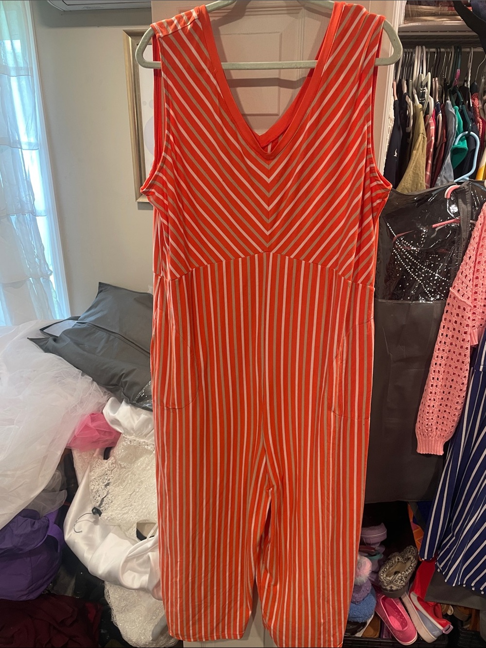 Cuddl Duds Orange and White Striped V-Neck Jumpsuit Tall
